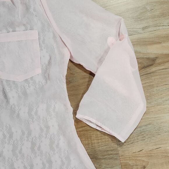 💜Justify Pink Semi-Sheer & Lace Adjustable Sleeve Top Medium - Picture 6 of 10